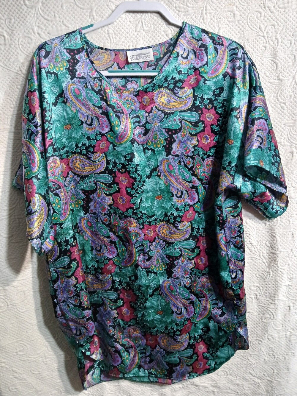 Vintage Featherbed Nightgown Womens one size Paisley Floral Bright Satin Lounge